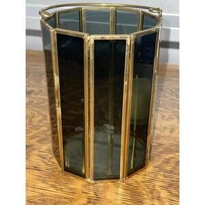 Vintage Brass And Tinted Glass Hexagonal Hurricane Candle Lantern